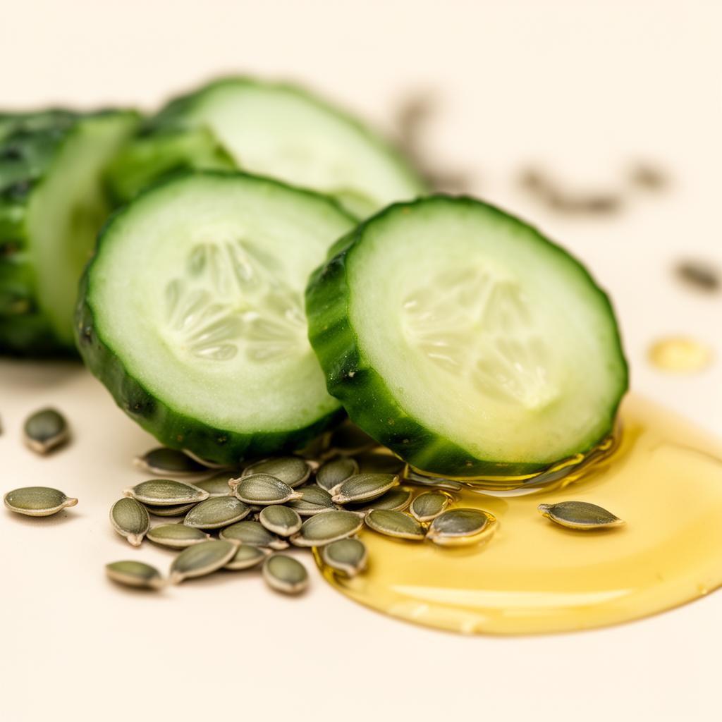 Macro of cucumber slices, seeds and cold-pressed oil